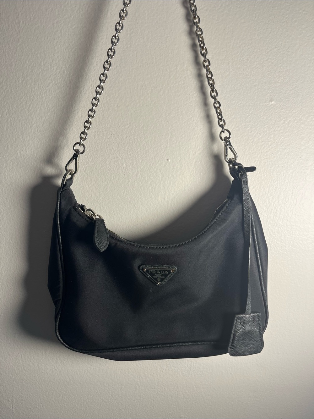 Prada Black Nylon Shoulder Bag with Silver Chain